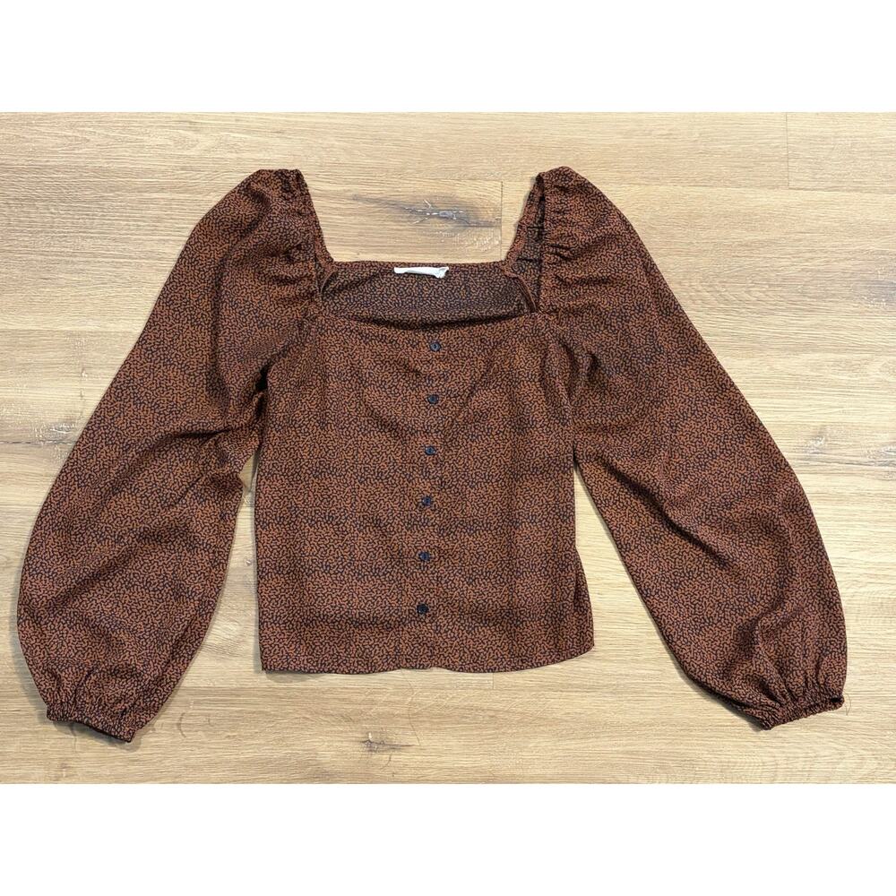 Lush Women’s XS Brown Puff Sleeve Blouse Square Neck Long Sleeve Top